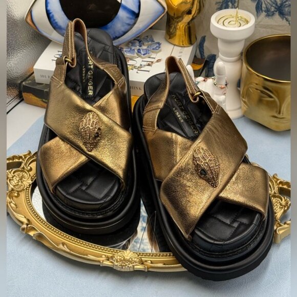 🆕 KURT GEIGER LONDON 🧿 NWOB Orson Cross Strap Sandal, Gold Bronze - Sz 38 7.5 - Picture 5 of 16